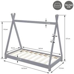 Ml-Design Lit d'enfant Tipi 70x140 cm gris clair simple en bois de pin sommier à lattes style indien Clearance