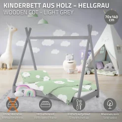 Ml-Design Lit d'enfant Tipi 70x140 cm gris clair simple en bois de pin sommier à lattes style indien Clearance