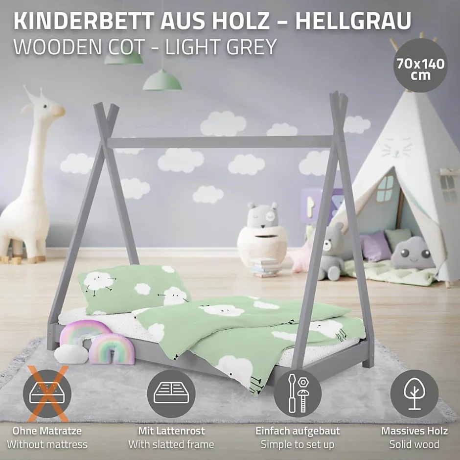 Ml-Design Lit d'enfant Tipi 70x140 cm gris clair simple en bois de pin sommier à lattes style indien Clearance