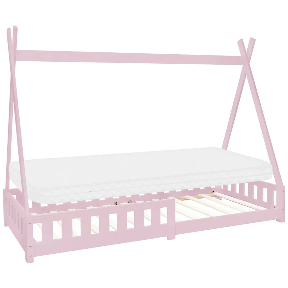 Ml-Design Lit d'enfant Tipi 90x200 cm rose cadre en bois de pin style indien avec matelas H:10 cm