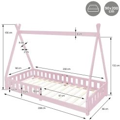 Ml-Design Lit d'enfant Tipi 90x200 cm rose cadre en bois de pin style indien avec matelas H:10 cm