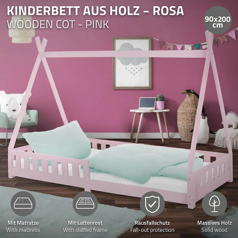 Ml-Design Lit d'enfant Tipi 90x200 cm rose cadre en bois de pin style indien avec matelas H:10 cm