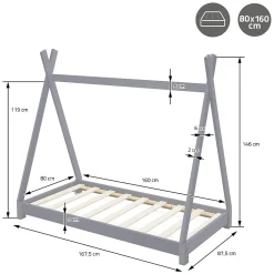 Ml-Design Lit d'enfant Tipi 80x160 cm gris clair simple bois de pin avec sommier lattes style indien
