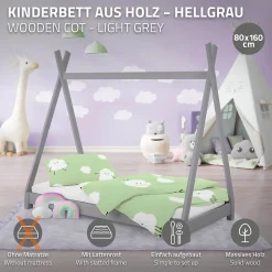 Ml-Design Lit d'enfant Tipi 80x160 cm gris clair simple bois de pin avec sommier lattes style indien