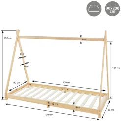 Ml-Design Lit d'enfant Tipi 90x200 cm naturel simple bois de pin avec sommier à lattes style indien Discount