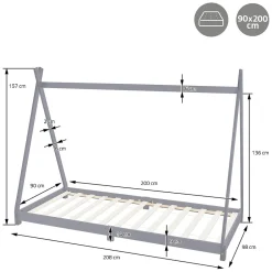 Enfant Ml-Design Lit d'enfant Tipi 90x200 cm gris clair simple en bois de pin sommier à lattes style indien