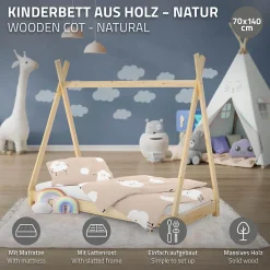 Enfant Ml-Design Lit d'enfant Tipi 70x140cm naturel en bois de pin massif avec sommier matelas style indien