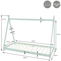 Enfant Ml-Design Lit d'enfant Tipi 90x200cm menthe simple en bois de pin avec sommier à lattes style indien