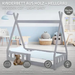 Ml-Design Lit d'enfant Tipi 70x140 cm gris clair en bois de pin avec sommier matelas style indien Best