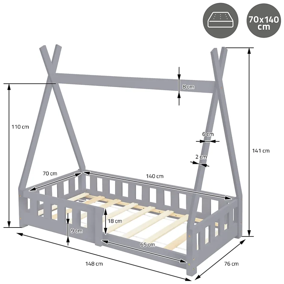 Ml-Design Lit d'enfant Tipi 70x140 cm gris clair en bois de pin avec sommier matelas style indien Best