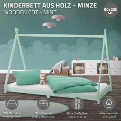Enfant Ml-Design Lit d'enfant Tipi 90x200 cm menthe en bois de pin massif style indien avec matelas H:10 cm