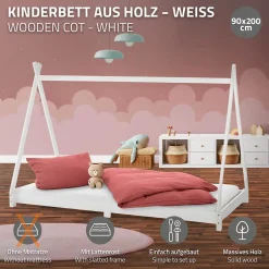 Ml-Design Lit d'enfant Tipi 90x200 cm blanc simple en bois de pin avec sommier à lattes style indien