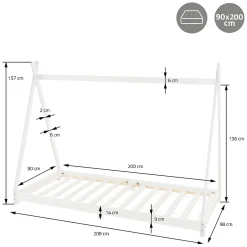 Ml-Design Lit d'enfant Tipi 90x200 cm blanc simple en bois de pin avec sommier à lattes style indien