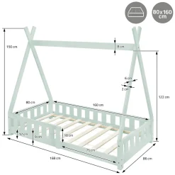 Enfant Ml-Design Lit d'enfant Tipi 80x160cm menthe en bois de pin massif style indien avec sommier matelas