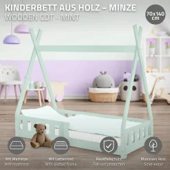 Enfant Ml-Design Lit d'enfant Tipi 70x140 cm menthe en bois de pin massif avec sommier matelas style indien