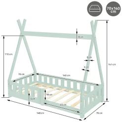 Enfant Ml-Design Lit d'enfant Tipi 70x140 cm menthe en bois de pin massif avec sommier matelas style indien