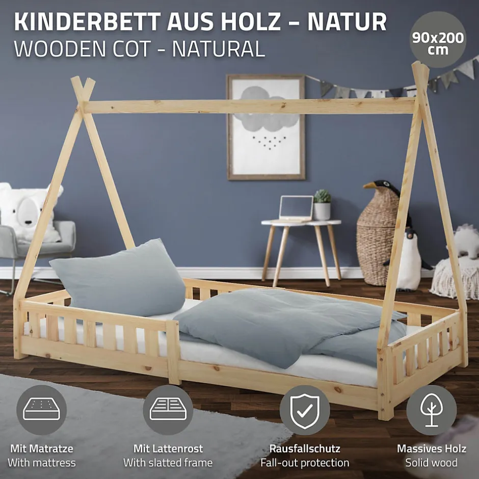 Enfant Ml-Design Lit d'enfant Tipi 90x200 cm naturel cadre en bois de pin style indien avec matelas H:10 cm