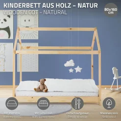 Enfant Ml-Design Lit d'enfant 80x160 cm naturel en bois de pin massif style maison avec sommier et matelas