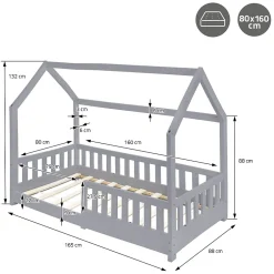 Ml-Design Lit d'enfant 80x160 cm gris clair bois de pin massif style maison avec sommier et matelas Hot