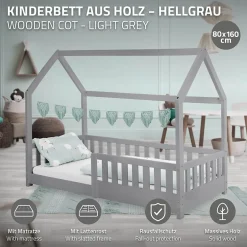 Ml-Design Lit d'enfant 80x160 cm gris clair bois de pin massif style maison avec sommier et matelas Hot