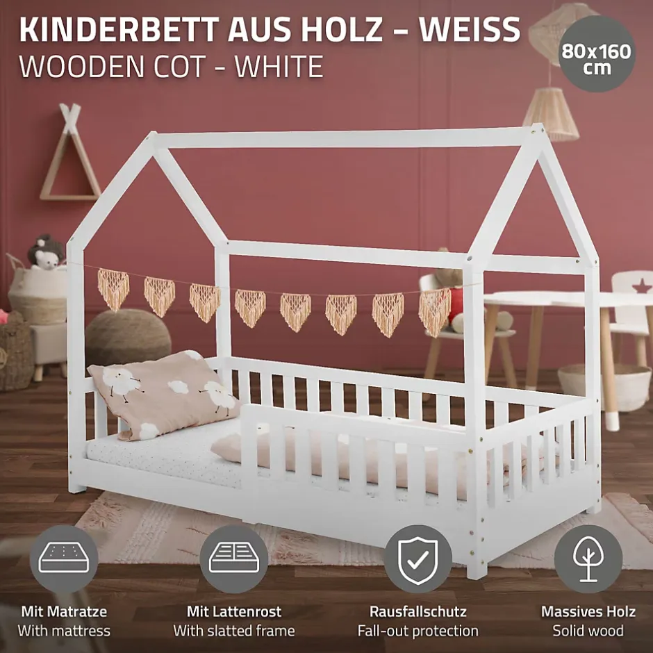 Ml-Design Lit d'enfant 80x160 cm naturel bois de pin massif style maison avec matelas et protection Best