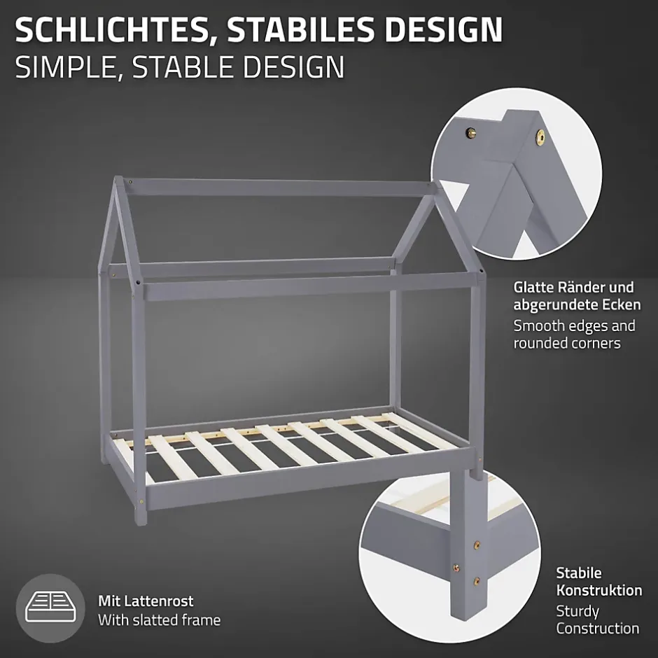 Ml-Design Lit d'enfant 90x200 cm gris clair bois de pin massif style maison avec sommier et matelas