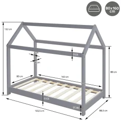 Ml-Design Lit d'enfant 90x200 cm gris clair bois de pin massif style maison avec sommier et matelas