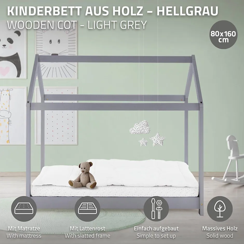 Ml-Design Lit d'enfant 90x200 cm gris clair bois de pin massif style maison avec sommier et matelas