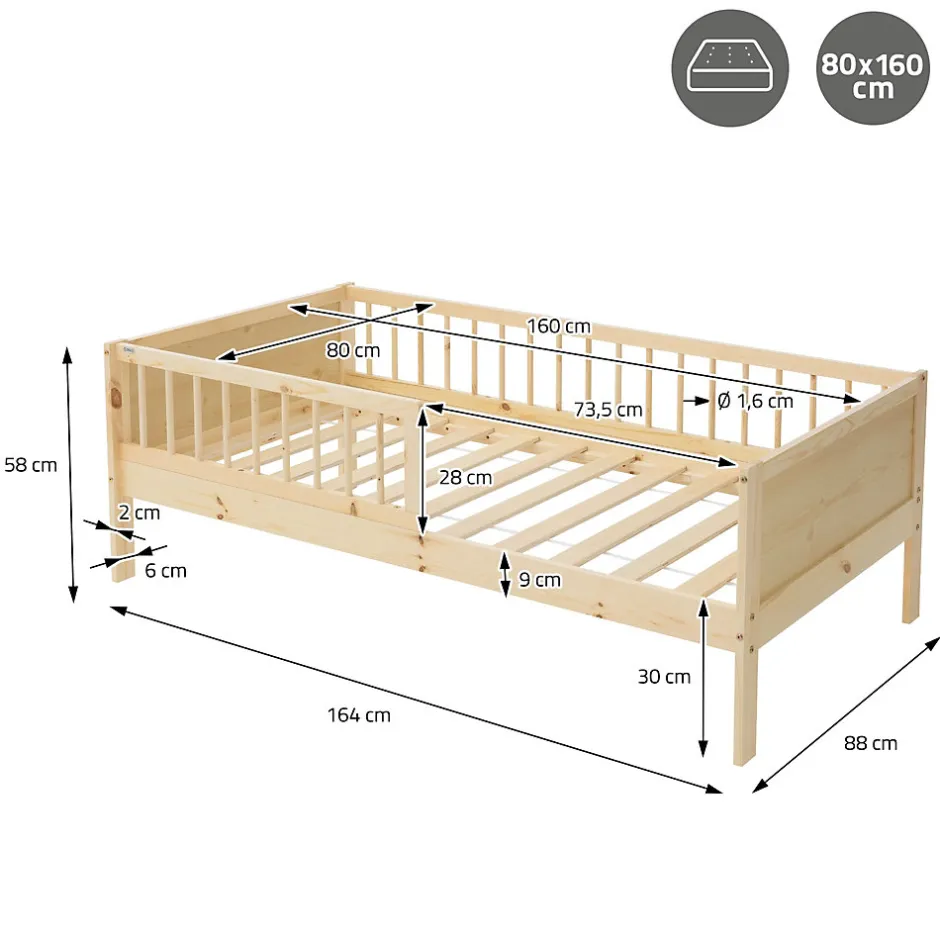 Ml-Design Lit d'enfant 80x160 cm simple naturel en bois de pin avec sommier à lattes sans matelas