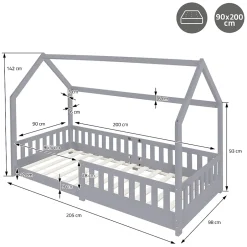 Ml-Design Lit d'enfant 90x200 cm gris clair en bois de pin massif style maison avec matelas H:16 cm Sale