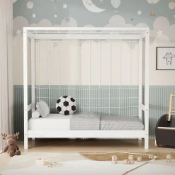 Ml-Design Lit d'enfant 70x140 cm blanc en bois de pin avec but de football et sommier à lattes Online