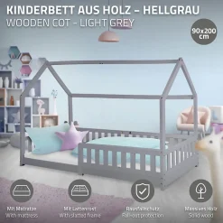 Ml-Design Lit d'enfant 90x200 cm gris clair en bois de pin massif style maison avec matelas H:10 cm New