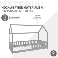 Ml-Design Lit d'enfant 90x200 cm gris clair en bois de pin massif style maison avec matelas H:10 cm New