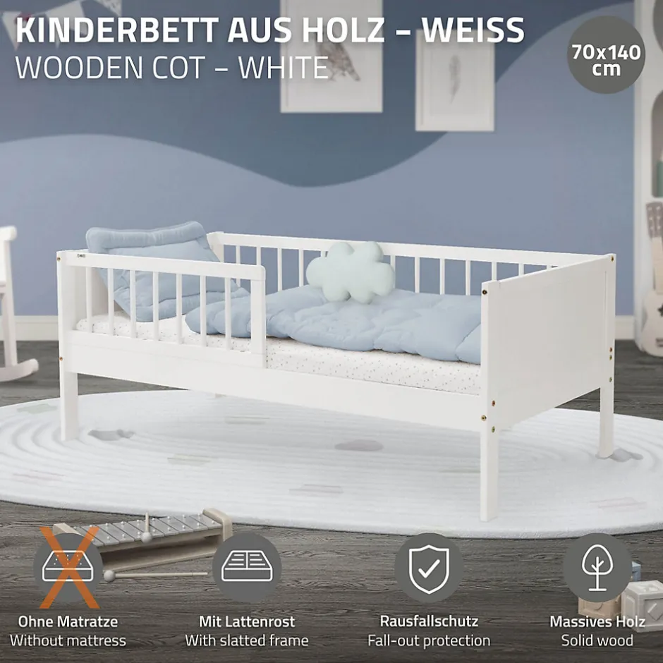 Ml-Design Lit d'enfant 70x140 cm simple blanc en bois de pin avec sommier à lattes sans matelas