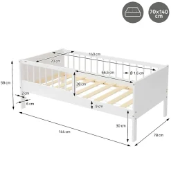Ml-Design Lit d'enfant 70x140 cm simple blanc en bois de pin avec sommier à lattes sans matelas