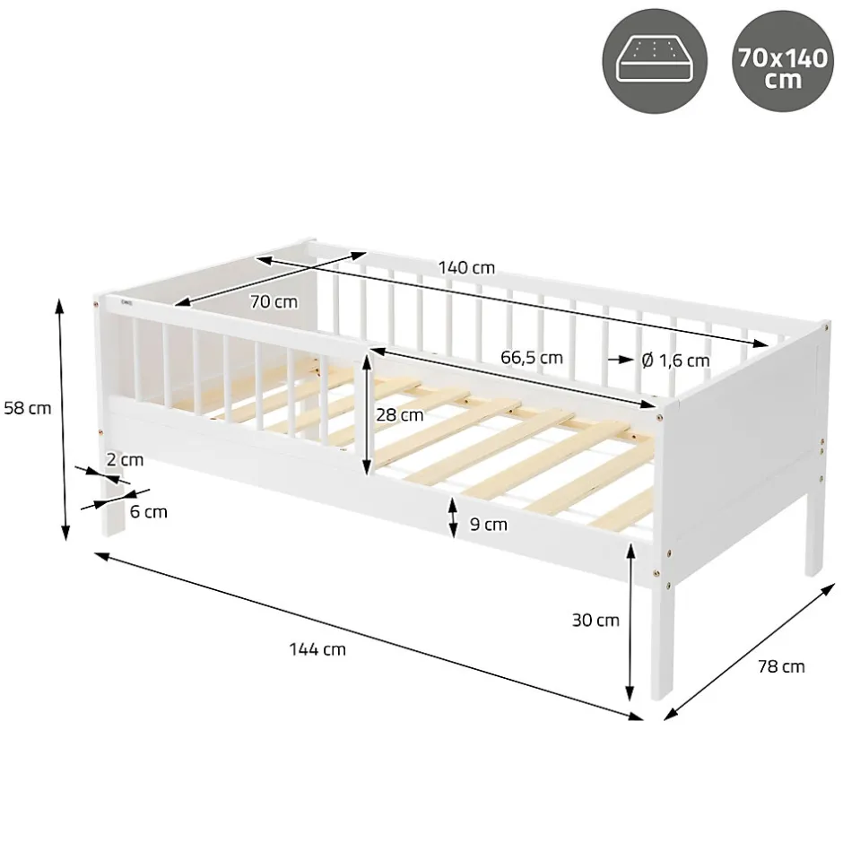 Ml-Design Lit d'enfant 70x140 cm simple blanc en bois de pin avec sommier à lattes sans matelas