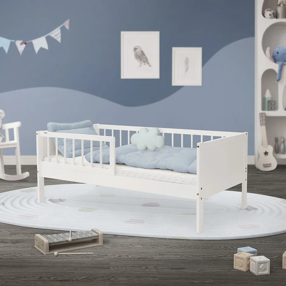 Ml-Design Lit d'enfant 70x140 cm simple blanc en bois de pin avec sommier à lattes sans matelas