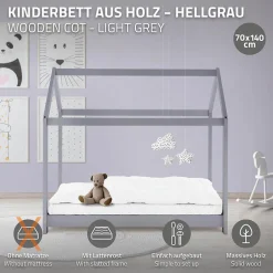 Enfant Ml-Design Lit d'enfant 70x140 cm gris clair bois de pin massif structure maison avec toit et sommier