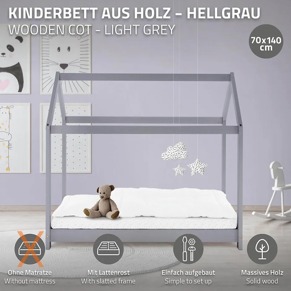 Enfant Ml-Design Lit d'enfant 70x140 cm gris clair bois de pin massif structure maison avec toit et sommier
