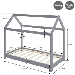 Enfant Ml-Design Lit d'enfant 70x140 cm gris clair bois de pin massif structure maison avec toit et sommier