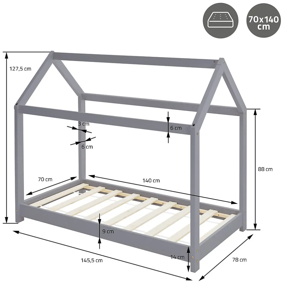 Enfant Ml-Design Lit d'enfant 70x140 cm gris clair bois de pin massif structure maison avec toit et sommier