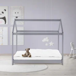 Enfant Ml-Design Lit d'enfant 70x140 cm gris clair bois de pin massif structure maison avec toit et sommier