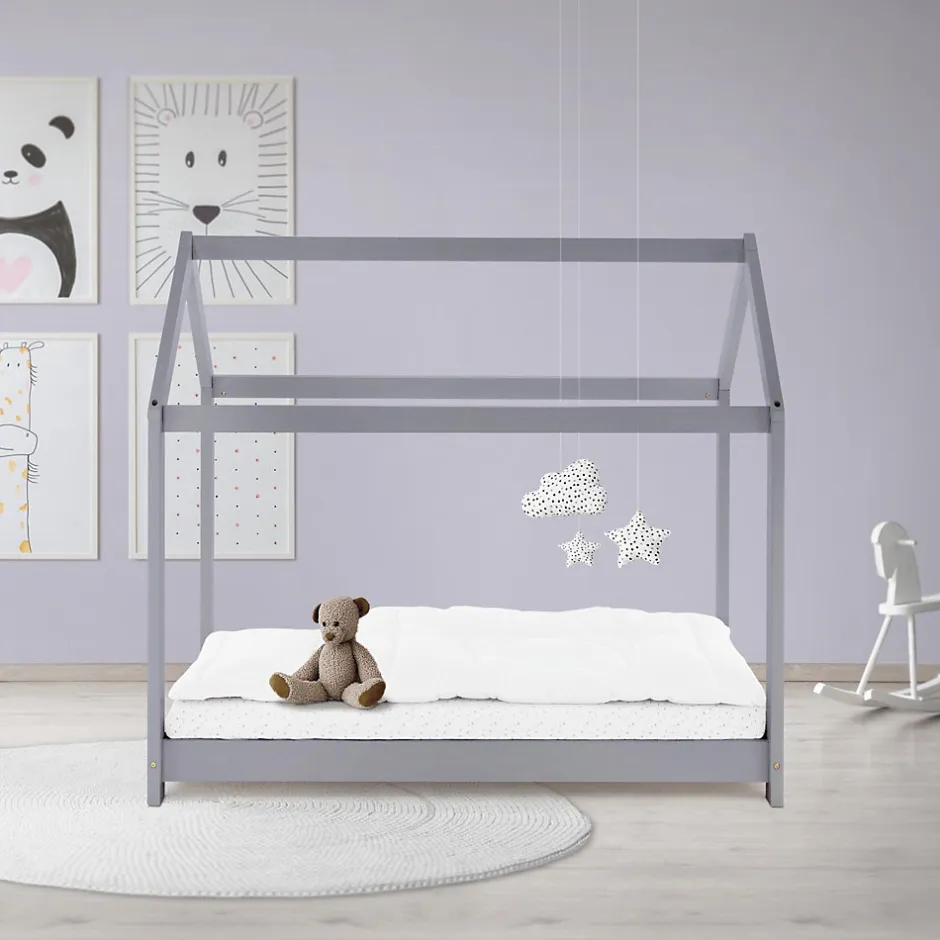 Enfant Ml-Design Lit d'enfant 70x140 cm gris clair bois de pin massif structure maison avec toit et sommier