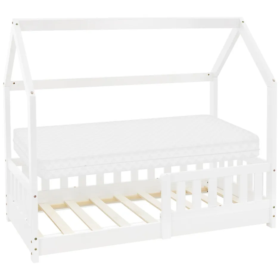 Enfant Ml-Design Lit d'enfant 70x140 cm blanc en bois de pin massif style maison avec sommier et matelas