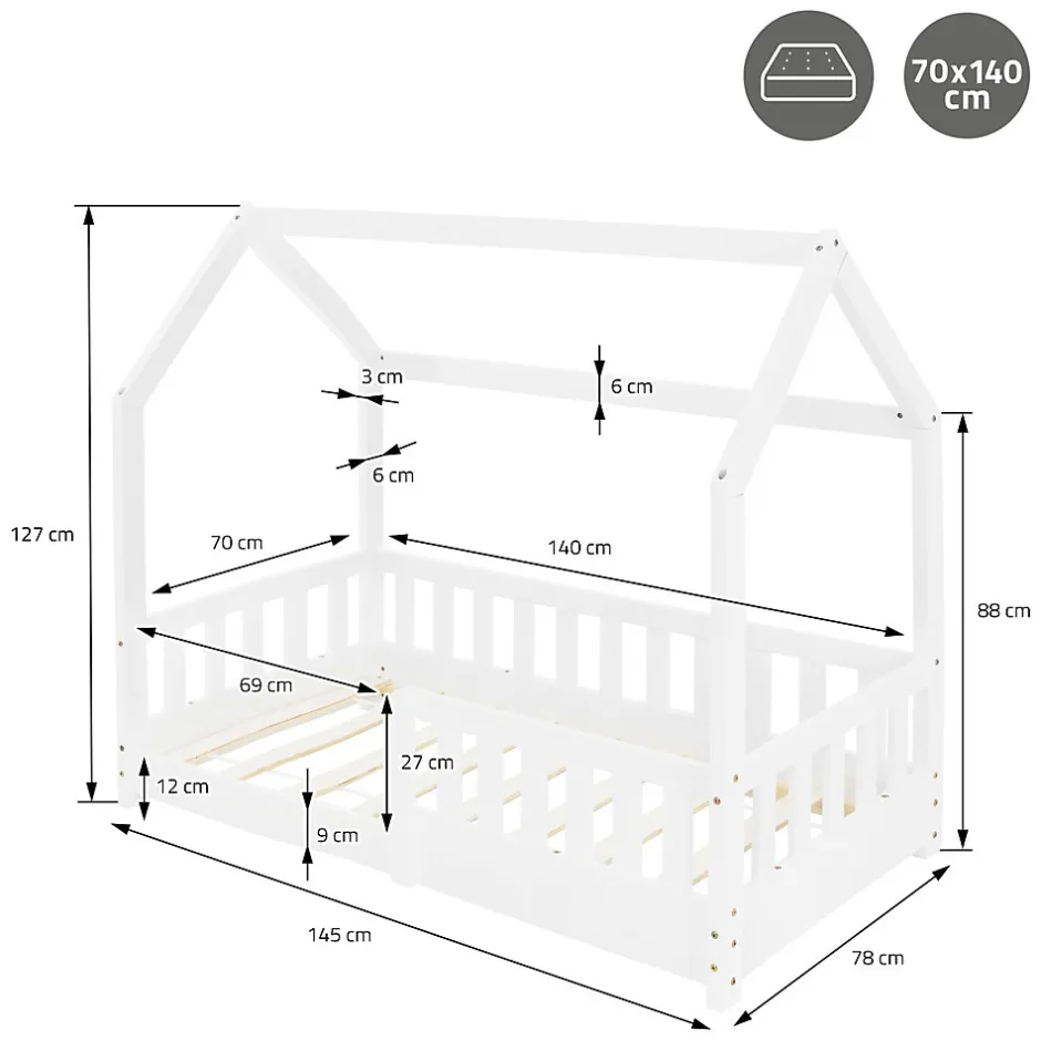 Enfant Ml-Design Lit d'enfant 70x140 cm blanc en bois de pin massif style maison avec sommier et matelas