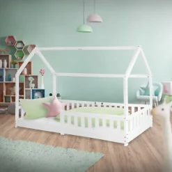 Ml-Design Lit d'enfant 90x200 cm blanc en bois de pin avec toit et sommier protection contre chutes