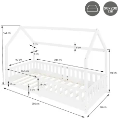 Ml-Design Lit d'enfant 90x200 cm blanc en bois de pin avec toit et sommier protection contre chutes
