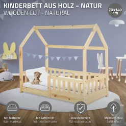 Enfant Ml-Design Lit d'enfant 70x140 cm naturel en bois de pin massif style maison avec sommier et matelas