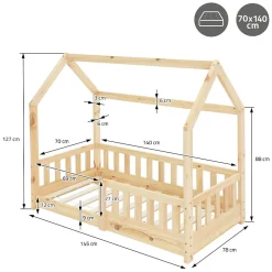 Enfant Ml-Design Lit d'enfant 70x140 cm naturel en bois de pin massif style maison avec sommier et matelas