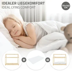 Enfant Ml-Design Lit d'enfant 70x140 cm naturel en bois de pin massif structure maison avec toit et sommier